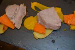 Cider brined Veal Loin and eye, apples, butternut puree, miso butterscotch puree, butterscotch chunks