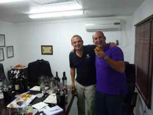 Olivier Fratty and Gabriel Geller enjoying Fricassee after tasting 17 bottles of wine at Teperberg Winery-small