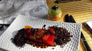 Course #1 and course #2 Big Eye Tuna, with Heirloom Tomatoes, compacted watermelon, balsamic reduction, shiso dehydrated pine nut - black olive and onion dust, EVO and Tomato:Avacado Sorbet