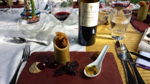 Course #5 Haimish appetizer, duck liver mousse with sour pickeled cherry, gribben with truffle salt, beef heart jerky, ptcha - gellied duck, cured rhubarb and 2008 Four Gates M.S.C. Merlot