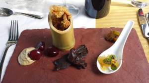 Course #5 Haimish appetizer, duck liver mousse with sour pickeled cherry, gribben with truffle salt, beef heart jerky, ptcha - gellied duck, cured rhubarb