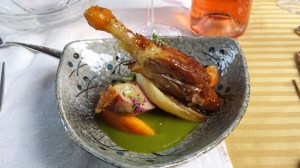 Course #6 Pastured free rang duck breast, cherry glazed duck confit, potato fennel puree, roasted fennel, pickled peaches, wild lavender