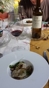 Course #7 Tuber of potato, whole roasted maitake mushrooms, summer truffle, evo, and mitsuba and 2008 Four Gates M.S.C Merlot