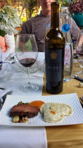 Course #8 60 day dry aged and Togarashi cured beef rib eye, corn raviloli, corn cream, smoked tomato and onion puree and 2007 Herzog Caberent Sauvignon, One Over VII, Napa Valley