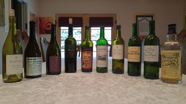 2010 Four Gates Chardonnay, 2015 Shirah Gruner, 2013 Shirah Mourvedre, 2008 Falesco Marciliano, 2007 Covenant Cabernet Sauvignon, 2007 Domaine Castel Grand Vin, 2009 Four Gates Cabernet Sauvignon, 2011 Chateau Moulin Riche, 2010 Chateau Fourcas Dupre