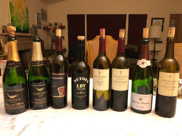 2007 Yarden Blanc de Blancs, 2007 Yarden Blanc de Blancs late disgorged, 2013 Hagafen Cabernet Franc, 2010 Domaine Netofa LBV, 2008 Four Gates Merlot, La Rochelle, 2011 Four Gates Cabernet Sauvignon,2013 Four Gates Franc
